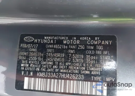 2017 Hyundai Tucson Sport из США, поврежденный, VIN KM8J33A27HU426233